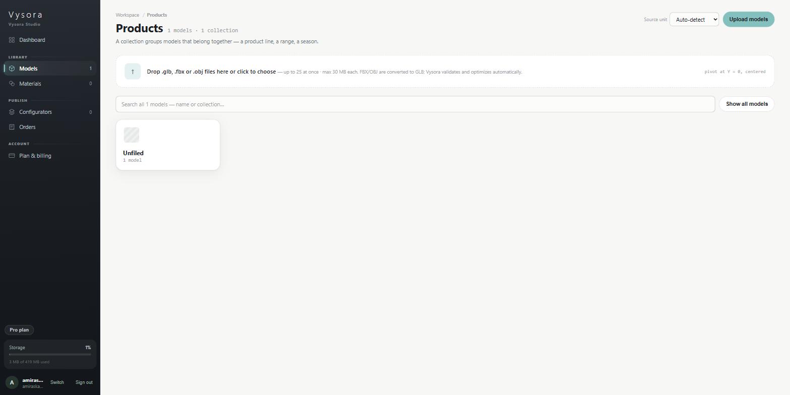 The Products page at its root, showing collection tiles with stacked thumbnails and a model count under each