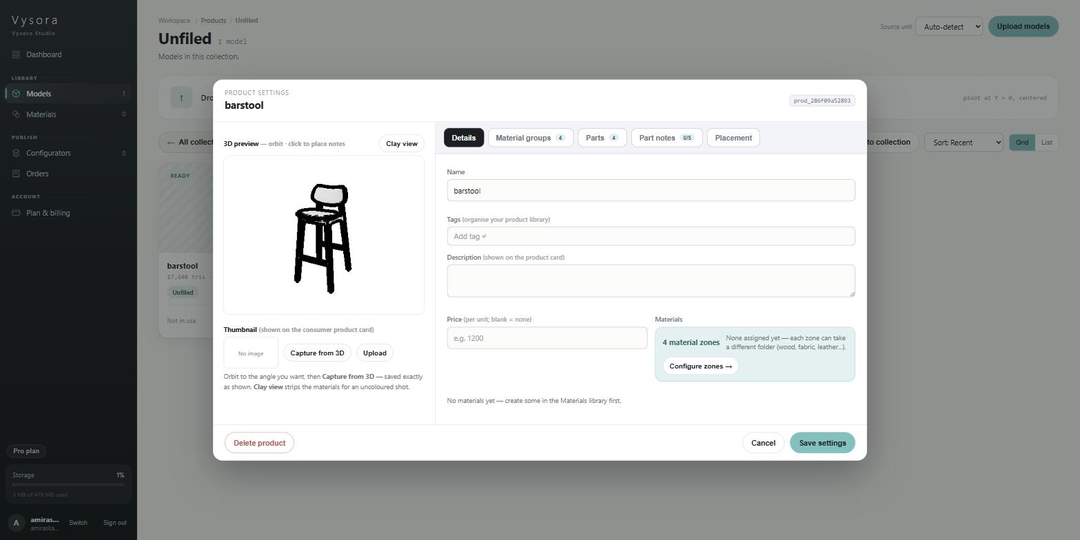 The Details tab of the product settings modal, with the 3D preview on the left and the material zone summary under the price field
