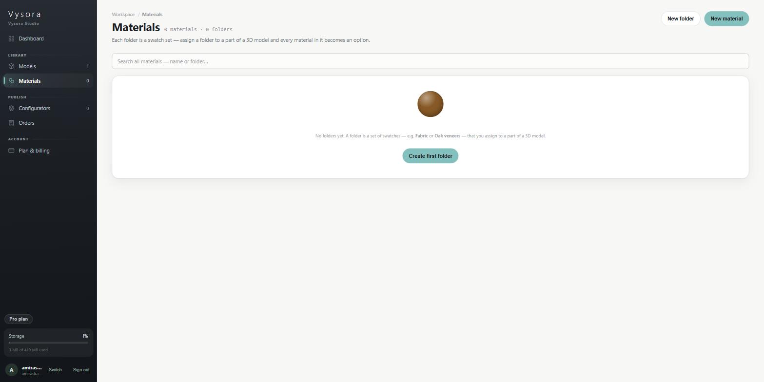 The materials library with no folders yet, showing the explanation of what a folder is and the Create first folder button