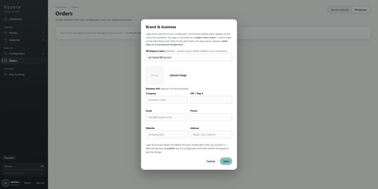 The Brand and business dialog with the logo preview above the business detail fields