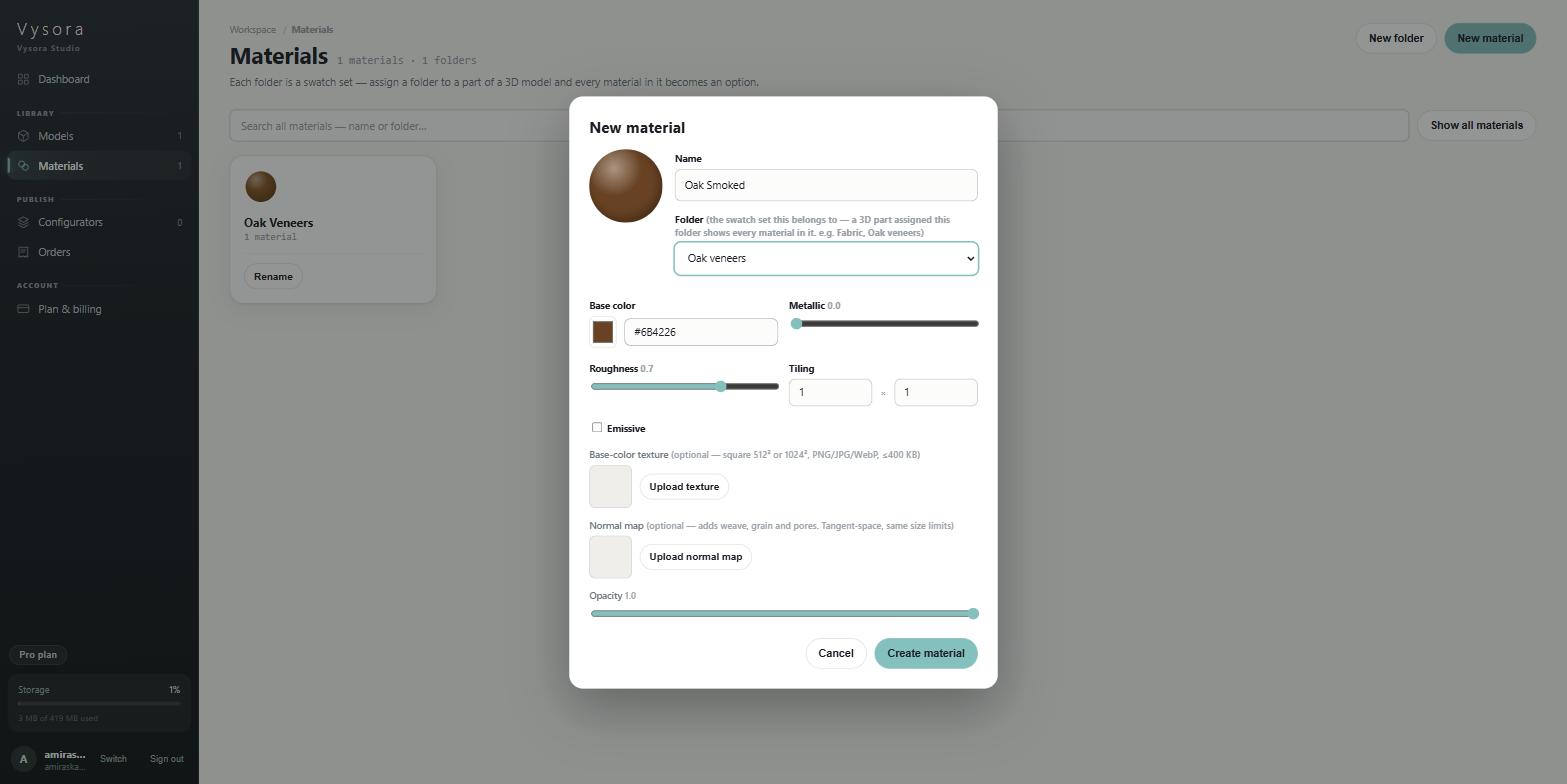 The new material editor with a name, a folder and PBR values filled in, and the live sphere preview at the right