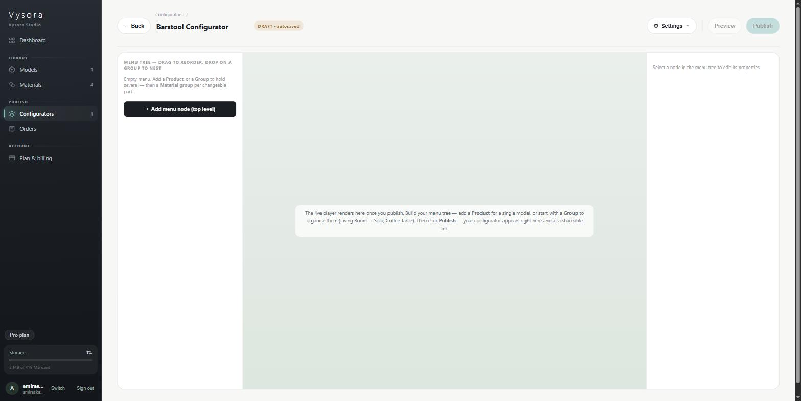 The builder before anything has been added, with the empty menu tree on the left and the preview placeholder in the centre