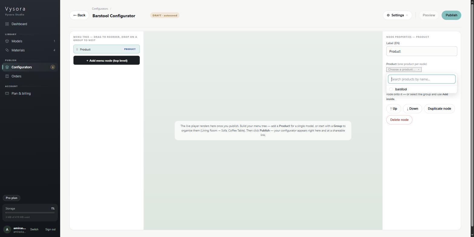 The product picker open on a Product node, listing the barstool