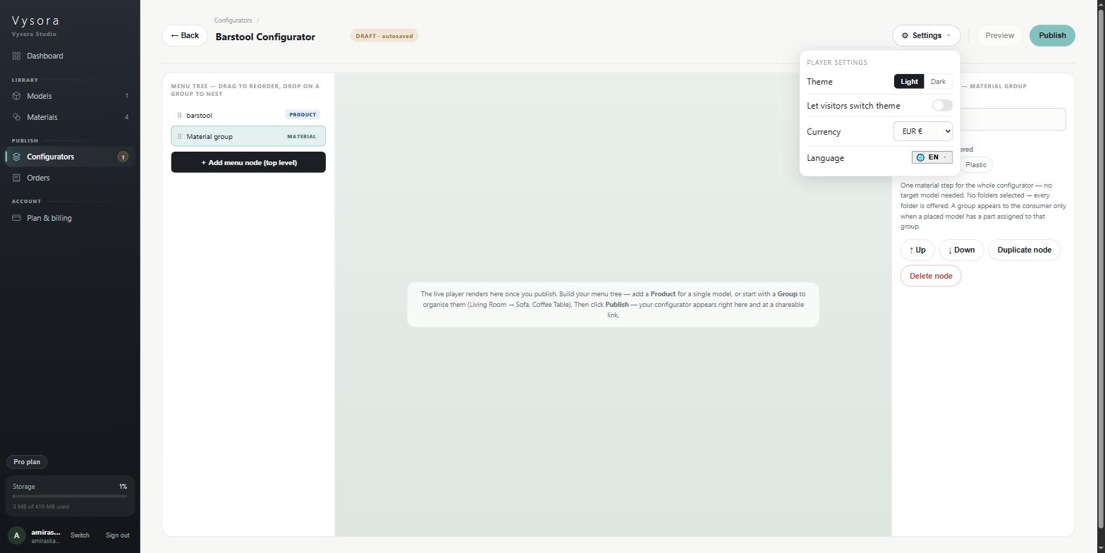 The Player settings popover, showing theme, the visitor theme switch, currency and the language button