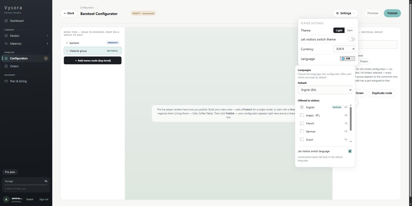 The languages popover with the default language locked and the offered list beneath it