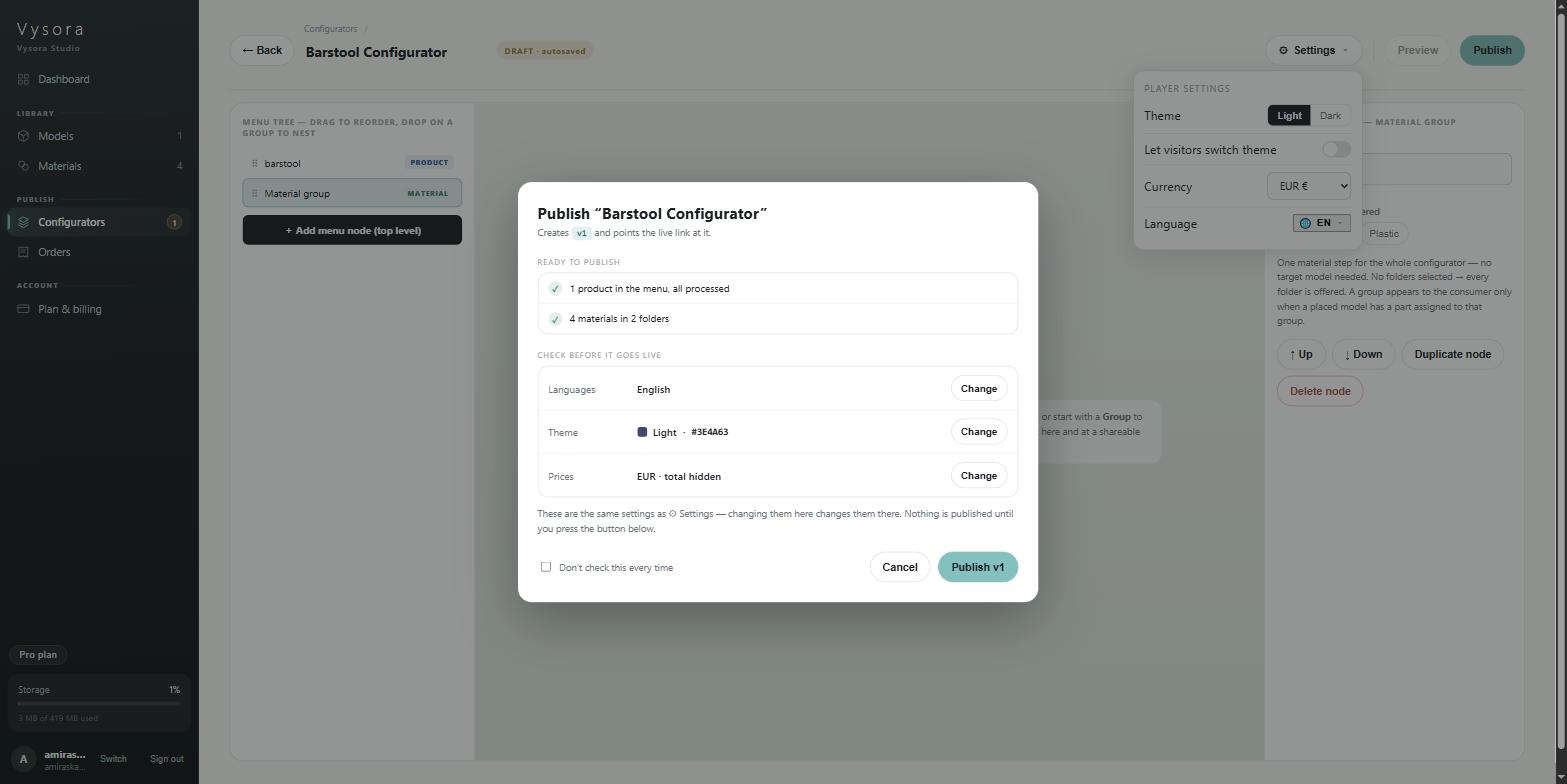 The publish review dialog, with the readiness checks above and the three settings rows below