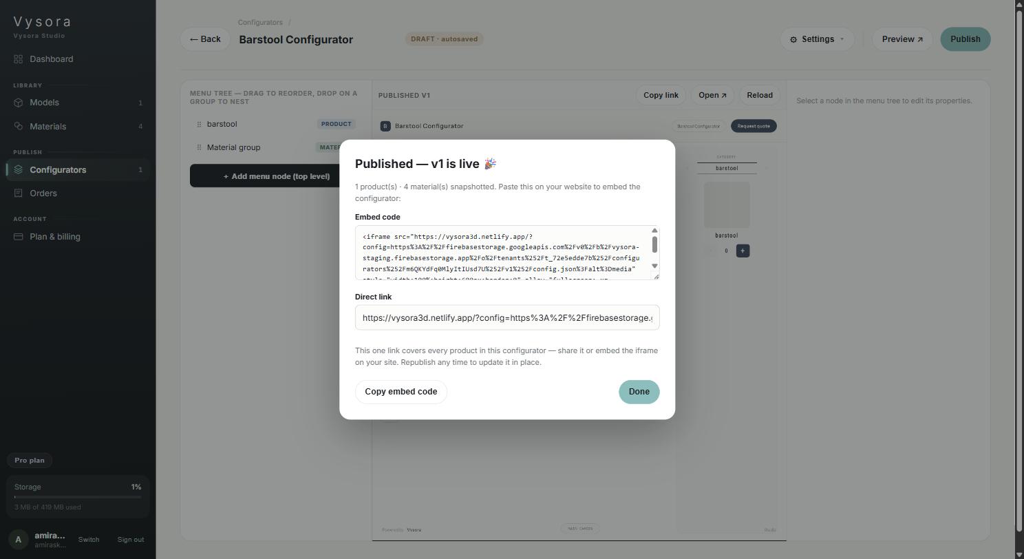 The publish result dialog with the embed code and the direct link
