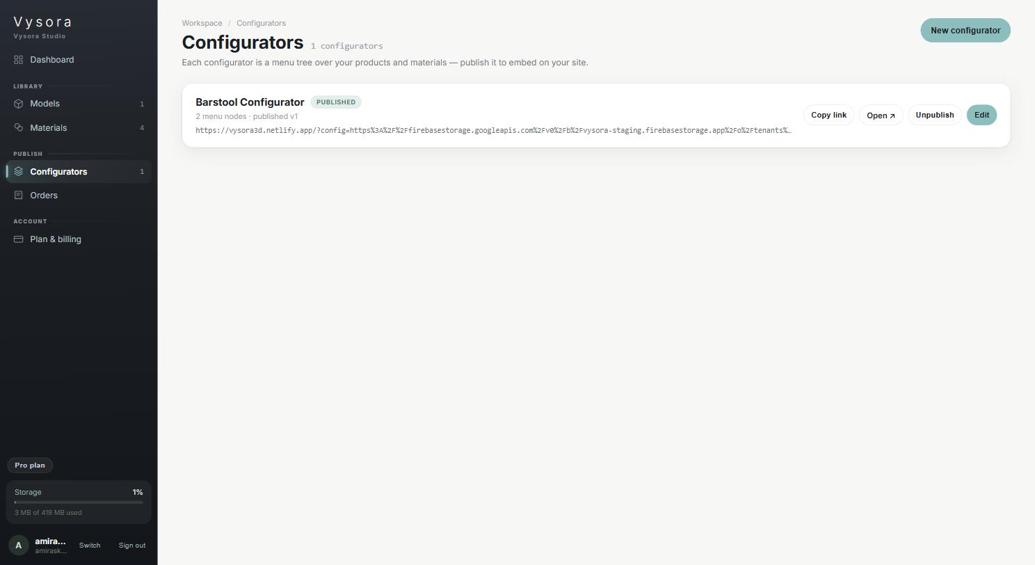 The configurators list showing a published configurator with its link and actions